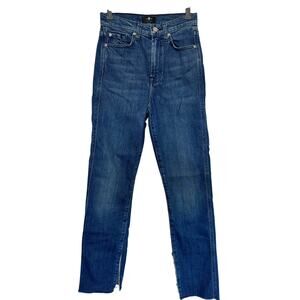 7 For All Mankind High Waist Straight Jeans Distressed Side Slit, Medium Blue